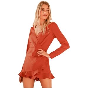 Lulu's 'Soiree Ready' Rust Red Ruffled Long Sleeve Skort Romper - Sz M